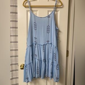 Beach by Exist Light Blue Tiered Sleeveless Dress with Embroidered Print Size L